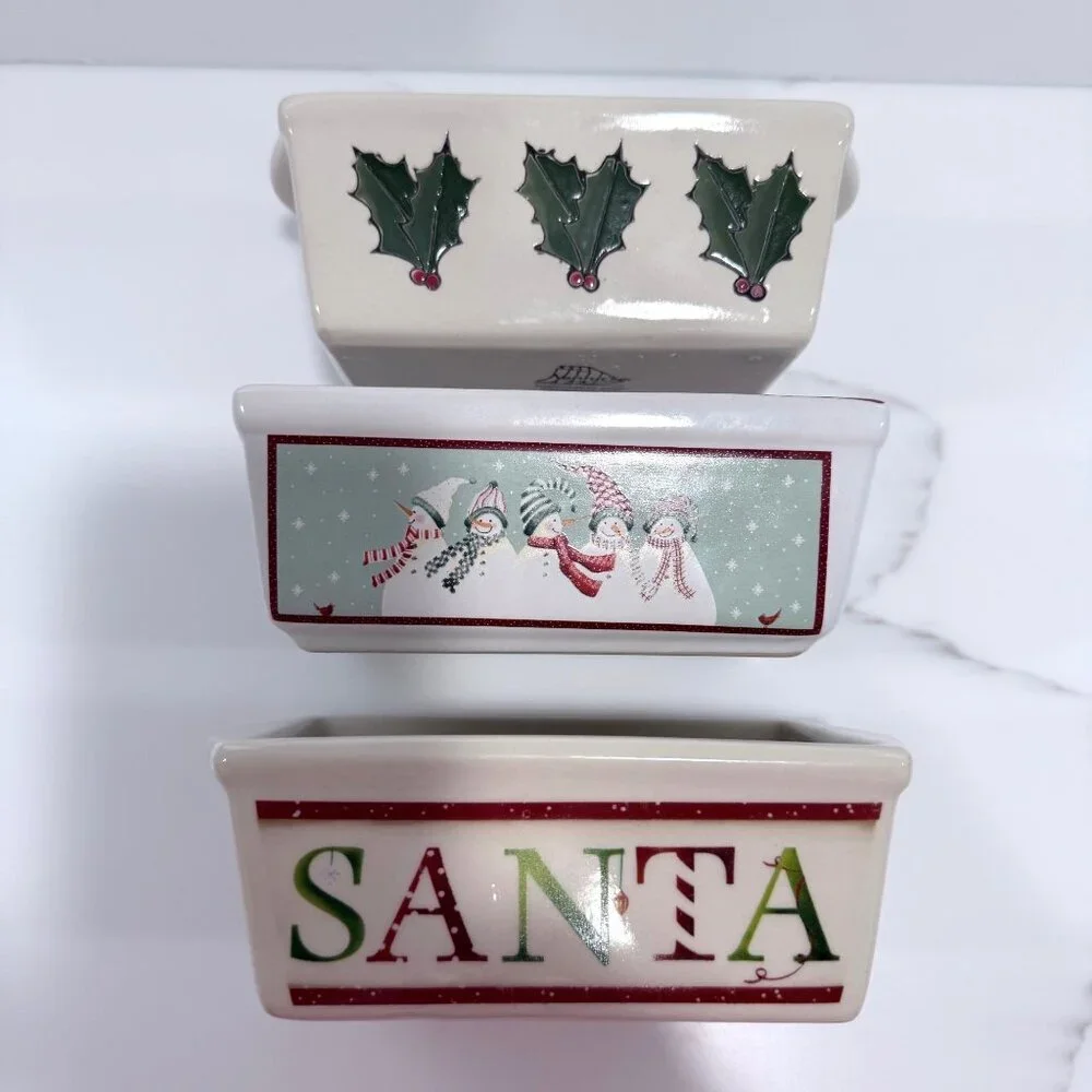 Nantucket Set of 3 Ceramic Mini Bread Loaf Pans SANTA Snowmen Holly Holiday 5x3